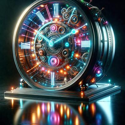 The primary subject of the image is a large, colorful clock with a futuristic design. The clock is illuminated with neon lights, giving it a unique and eye-catching appearance. The setting is a dark room, which contrasts with the brightly lit clock. The visual style of the image is a combination of digital art and illustration, creating a striking and modern look. The colors and mood of the image are predominantly blue and purple, giving it a cool and sophisticated atmosphere.